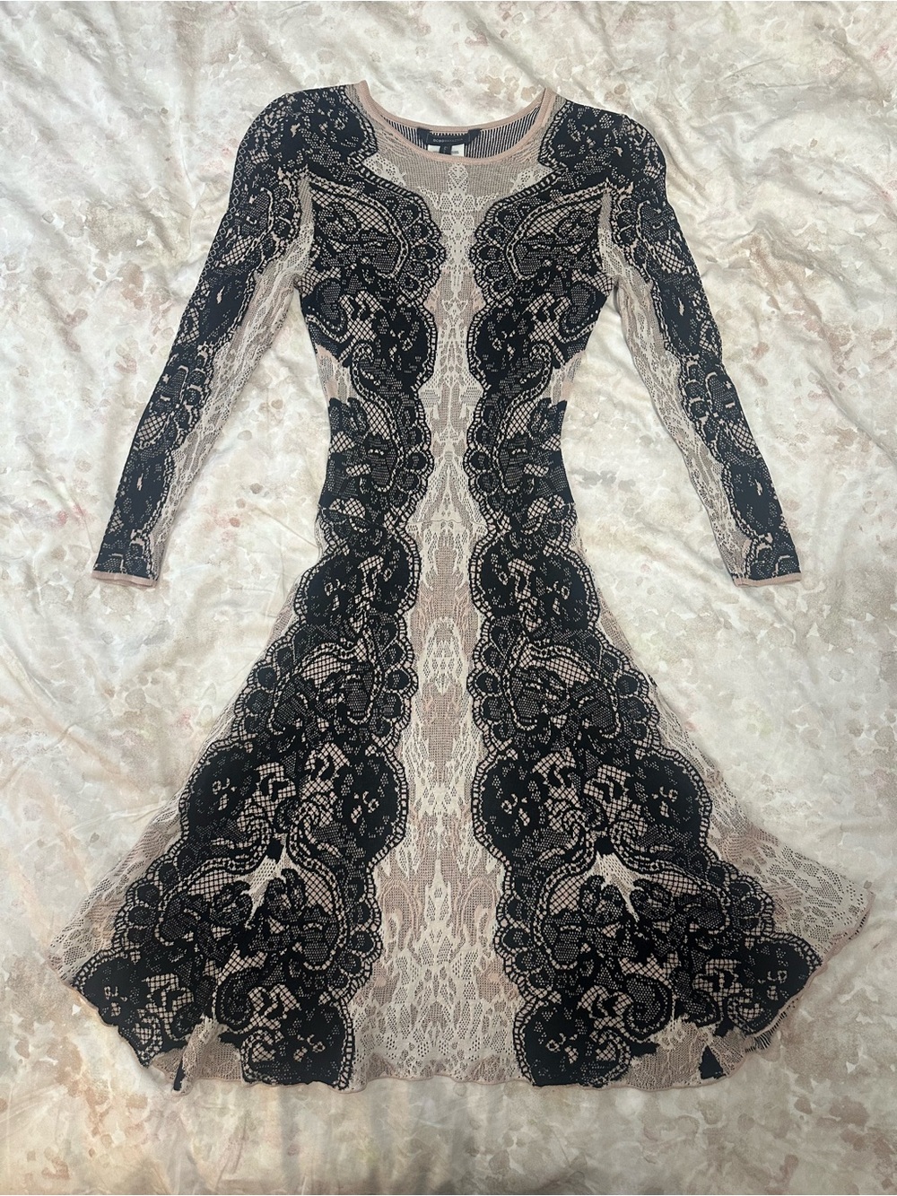 BCBGMaxAzria Black Lace Overlay Dress on Nude